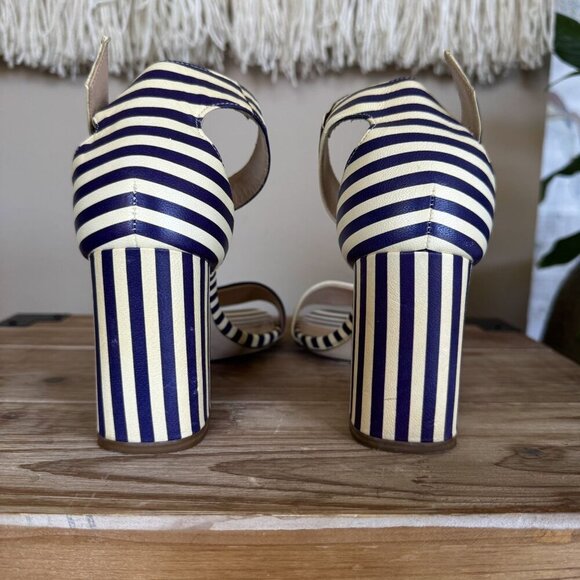 J. Crew Leather Light Cream Navy Stripe Ankle Strap Open Toe Block Heel Sandals - Picture 12 of 16
